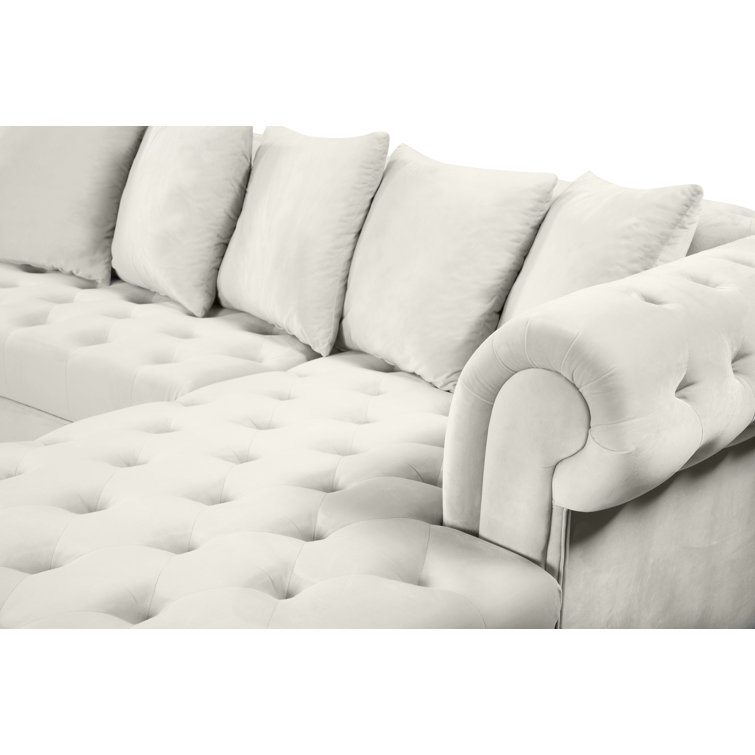 Cream Velvet Tufted Three Piece Sectional Sofa with Solid Wood Frame