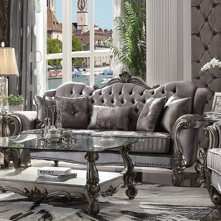 Versailles Antique Platinum 100'' Velvet Tufted Sofa with Nailhead Trim