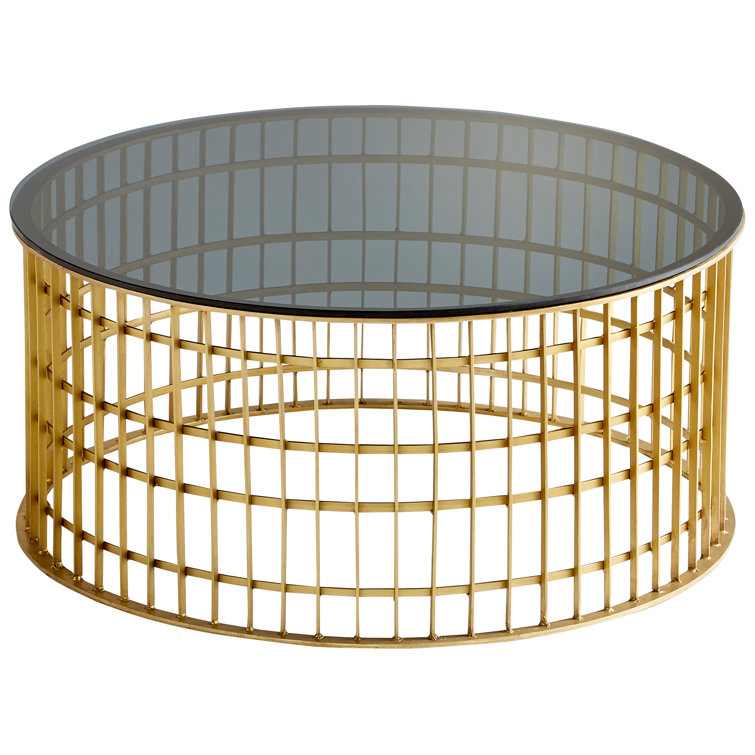 Elegant Antique Brass Round Coffee Table with Glass Top and Storage