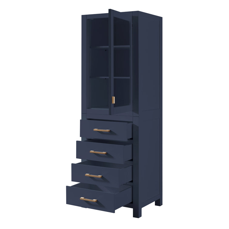 Navy Blue Poplar Wood Freestanding Bathroom Linen Cabinet with Adjustable Shelving