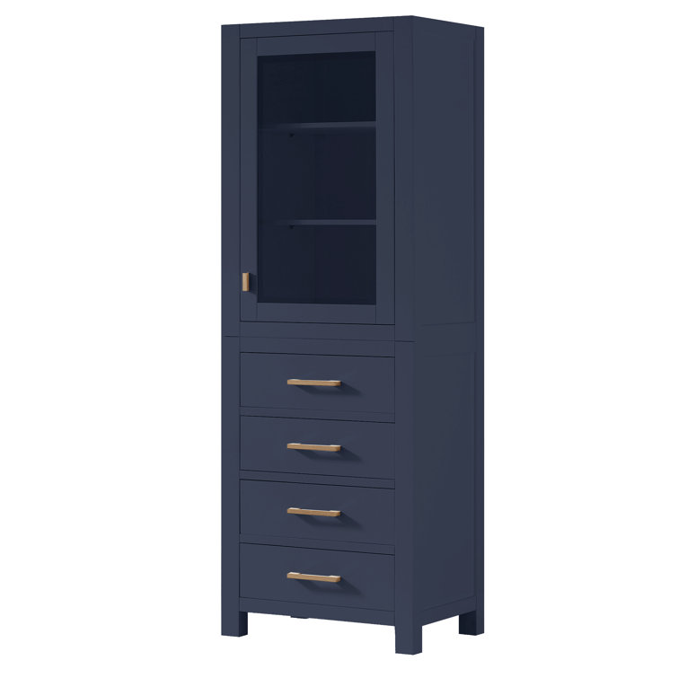 Navy Blue Poplar Wood Freestanding Bathroom Linen Cabinet with Adjustable Shelving
