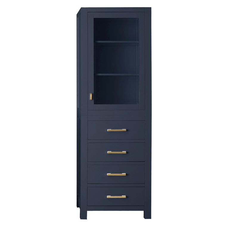 Navy Blue Poplar Wood Freestanding Bathroom Linen Cabinet with Adjustable Shelving