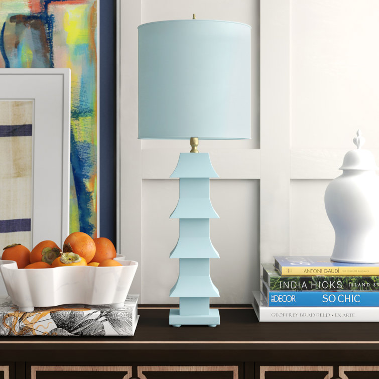 Turquoise Metal Pagoda-Style Table Lamp with Painted Tole Shade