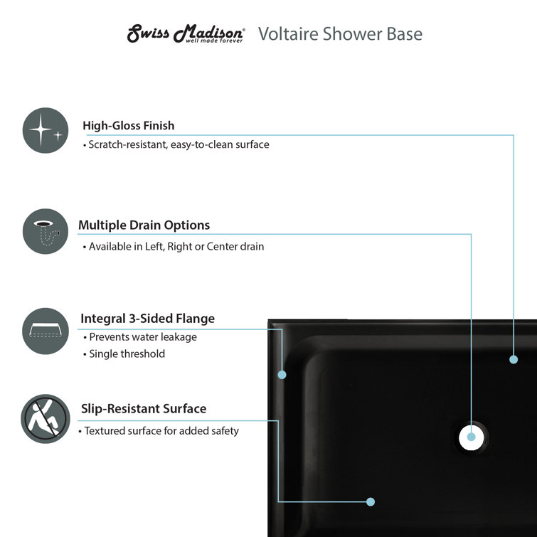 Voltaire 60" x 36" White Acrylic Single-Threshold Shower Base
