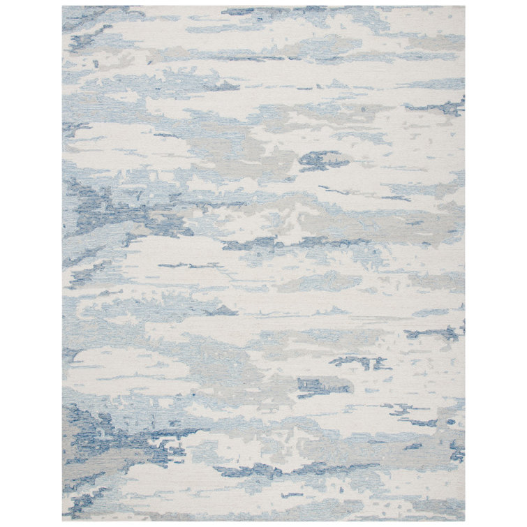 Ivory and Blue Abstract Hand-Tufted Wool 8' x 10' Rug
