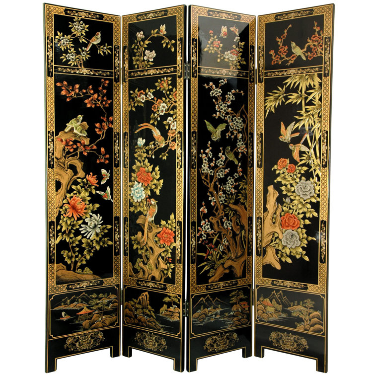 Hand-Painted Black and Gold Four-Panel Room Divider