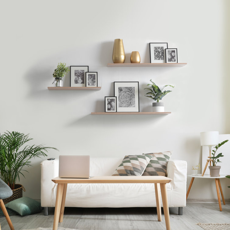 White Ultra Slim Floating Wood Wall Shelves, Set of 2