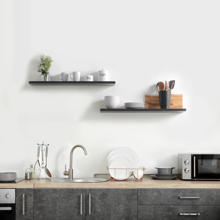 Black Wood Ultra Slim Floating Wall Shelves, 24" Set of 2