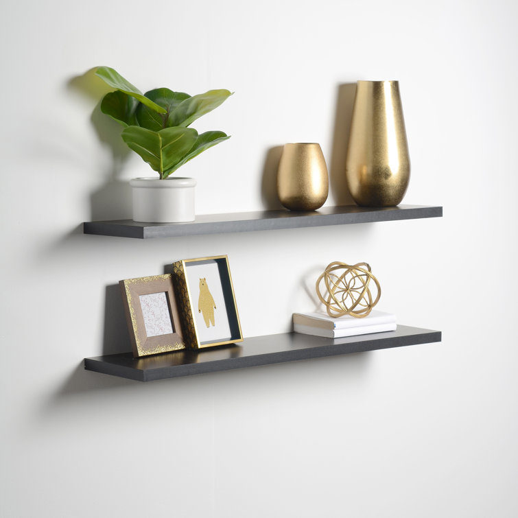 White Ultra Slim Floating Wood Wall Shelves, Set of 2