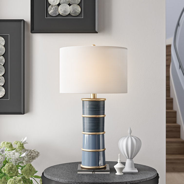 Blue and Brass Pillar Table Lamp with Acrylic Base