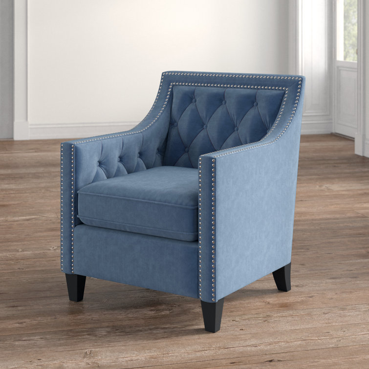 Marine Blue Velvet Square-Arm Accent Chair with Silver Nailhead Trim