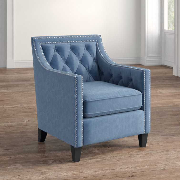 Marine Blue Velvet Square-Arm Accent Chair with Silver Nailhead Trim