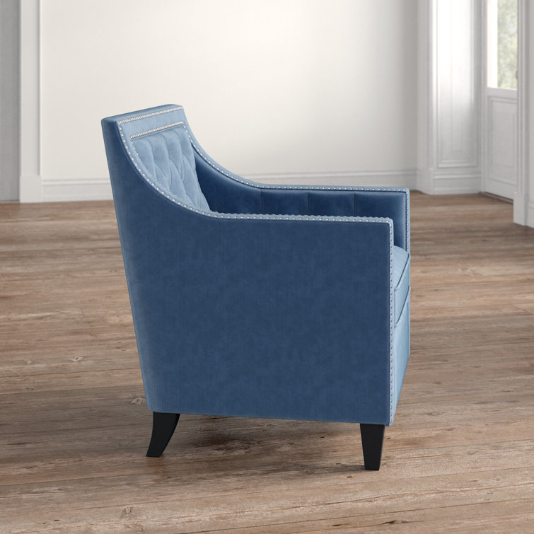 Marine Blue Velvet Square-Arm Accent Chair with Silver Nailhead Trim