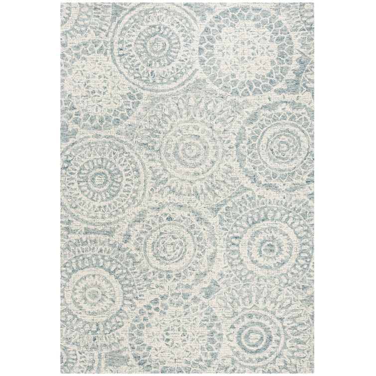 Ivory and Blue Abstract Handmade Wool 6' x 9' Area Rug