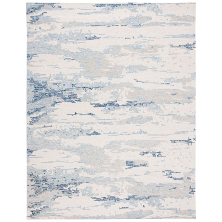 Ivory and Blue Abstract Hand-Tufted Wool 8' x 10' Rug