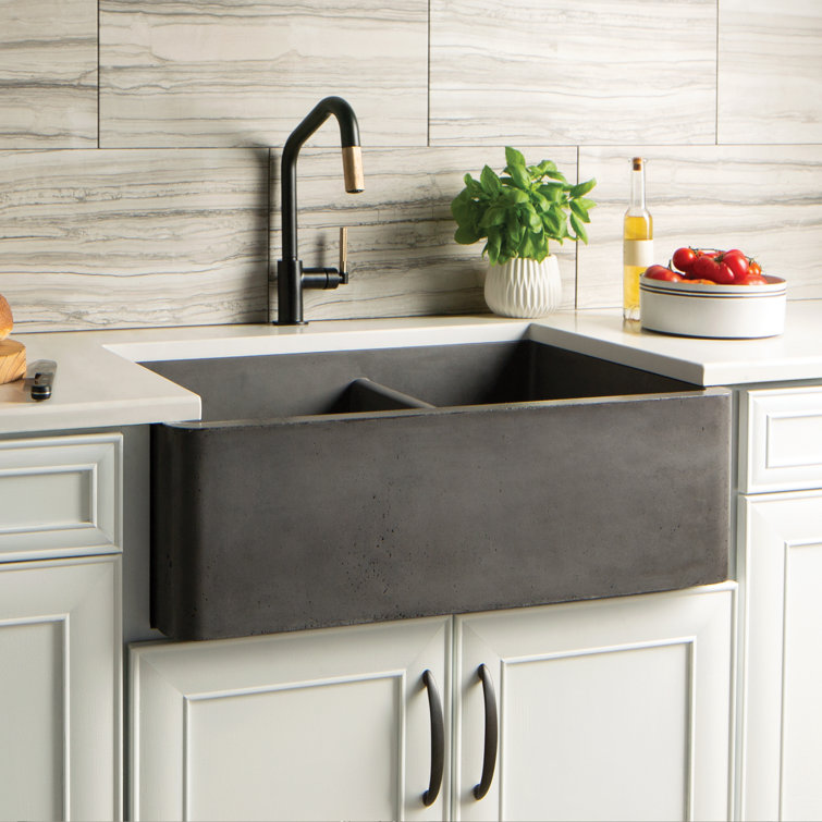 Slate Concrete Double Basin Farmhouse Kitchen Sink, 33"