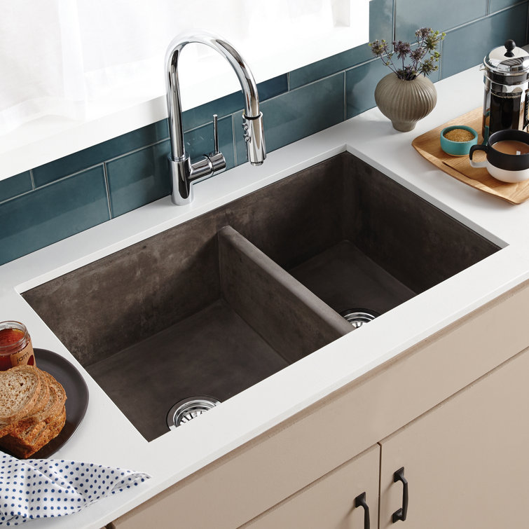 Slate Concrete Double Basin Farmhouse Kitchen Sink, 33"