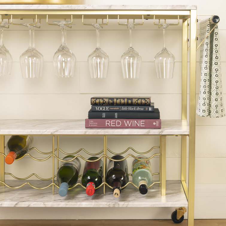 Glam Marble-Top Gold Metal Bar Cart with Wine Glass Storage