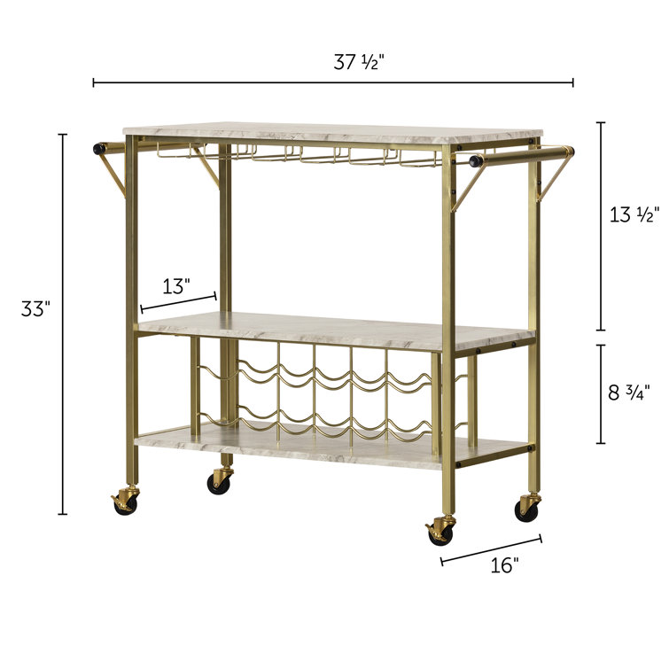 Glam Marble-Top Gold Metal Bar Cart with Wine Glass Storage