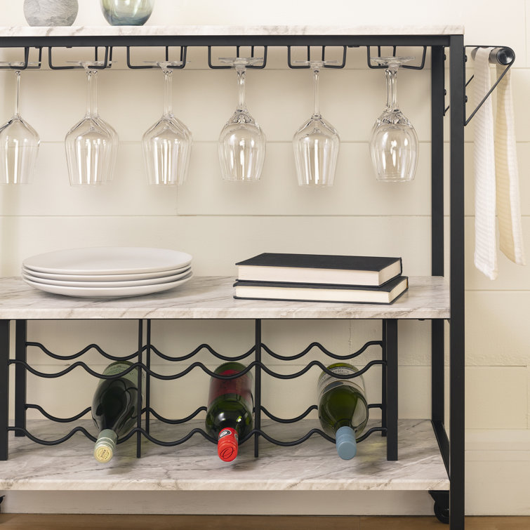 Black Faux Marble Rectangular Bar Cart with Wine Rack