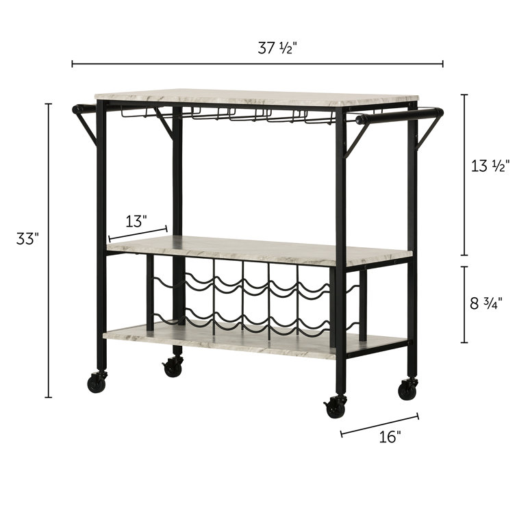 Black Faux Marble Rectangular Bar Cart with Wine Rack
