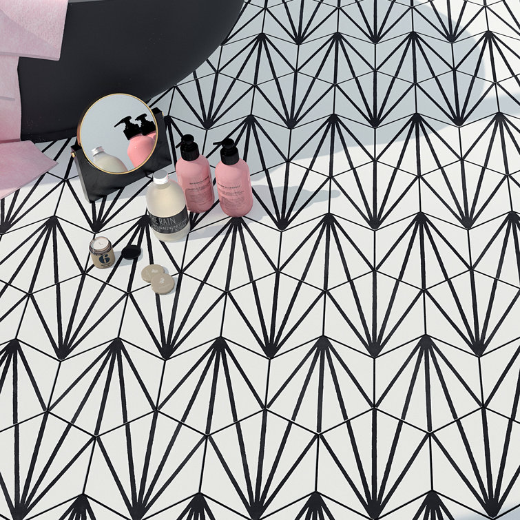 GeoHex 8" White and Black Matte Porcelain Hexagon Tile