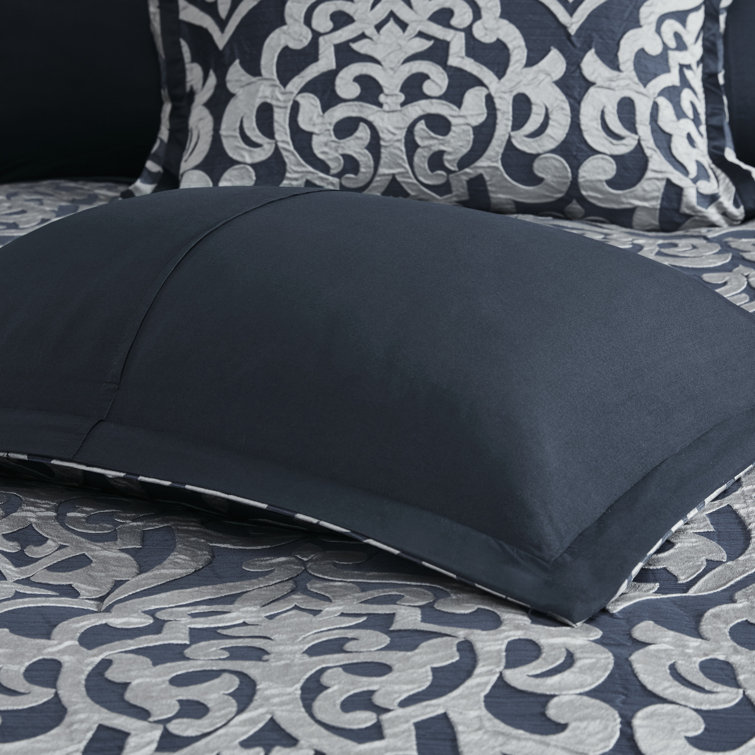 Navy and Silver Jacquard 8-Piece Queen Comforter Set