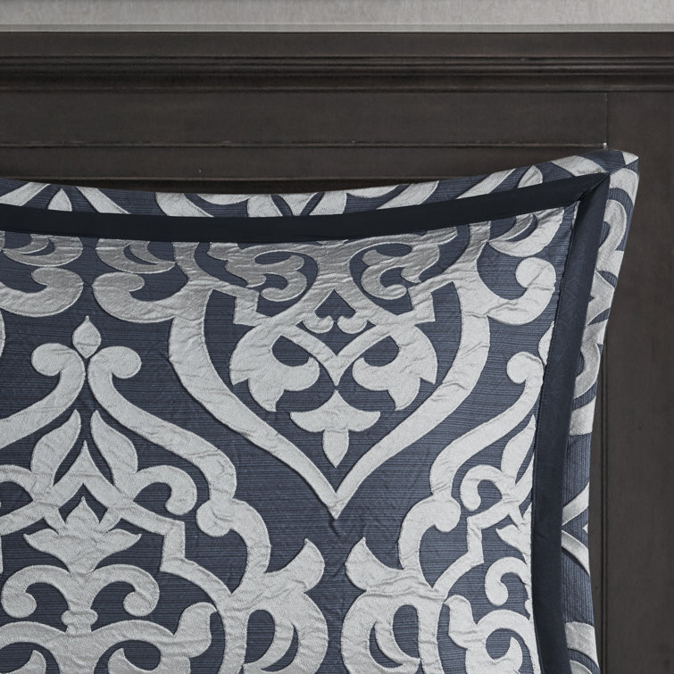 Navy and Silver Jacquard 8-Piece Queen Comforter Set