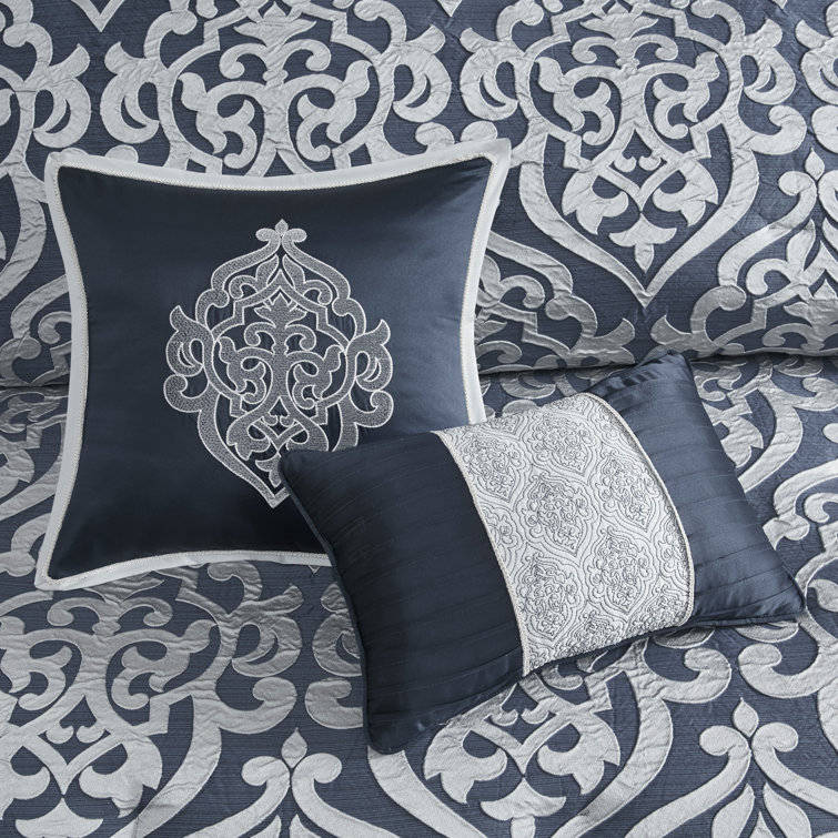 Navy and Silver Jacquard 8-Piece Queen Comforter Set