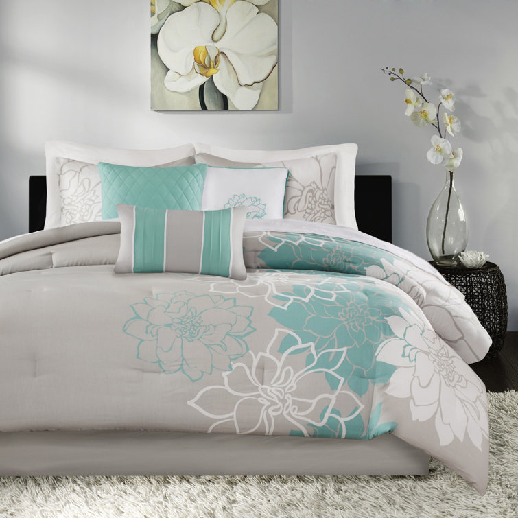 Aqua and Beige Floral Cotton Queen Comforter Set