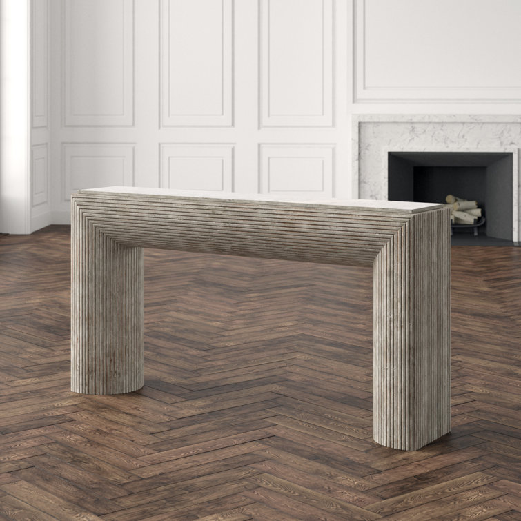 Gray Pecan Wood and Crema Marble Console Table with Storage