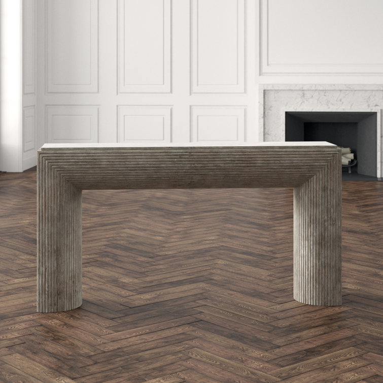 Gray Pecan Wood and Crema Marble Console Table with Storage