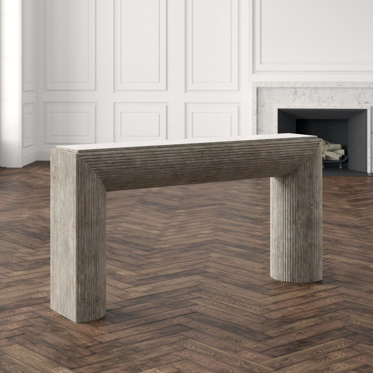 Gray Pecan Wood and Crema Marble Console Table with Storage
