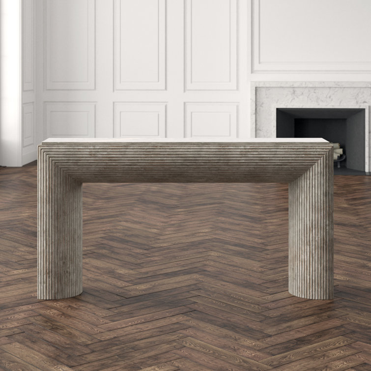 Gray Pecan Wood and Crema Marble Console Table with Storage