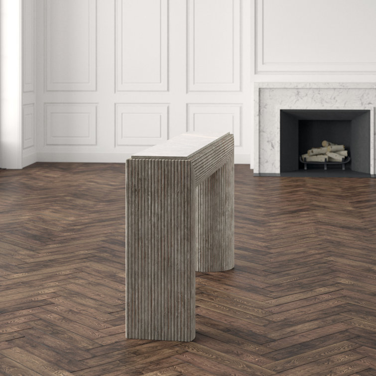 Gray Pecan Wood and Crema Marble Console Table with Storage