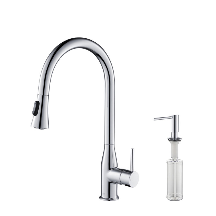 Chrome Single Handle Pull-Out Spray Kitchen Faucet with Soap Dispenser