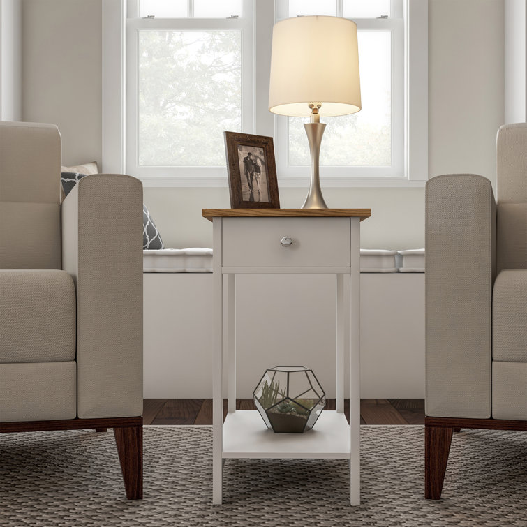 Honey Oak & White Slim Profile Side Table with Drawer & Shelf