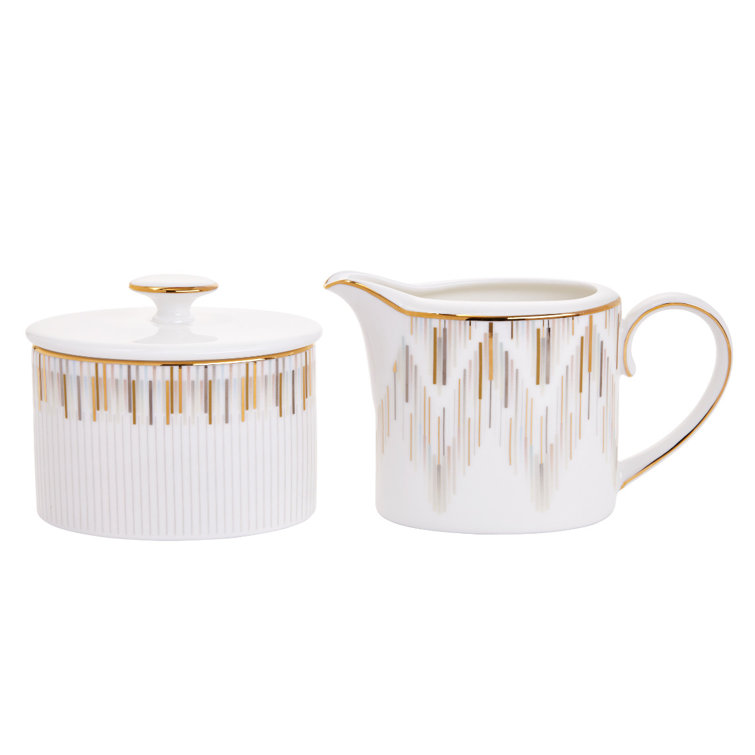 Luminous White and Gold Bone China Creamer and Sugar Set