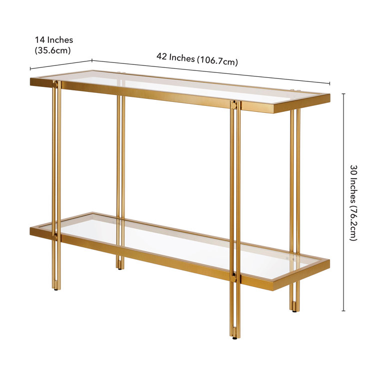 Modern Brass Finish Metal Console Table with Glass Shelf