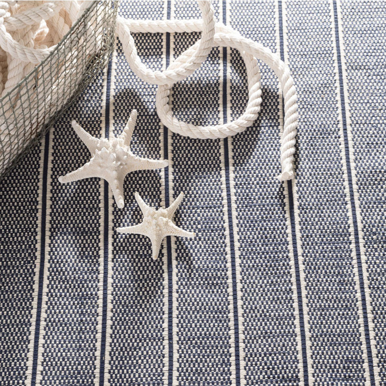 Ivory and Navy Handwoven Cotton Stripe Rug, 2 x 3 Feet