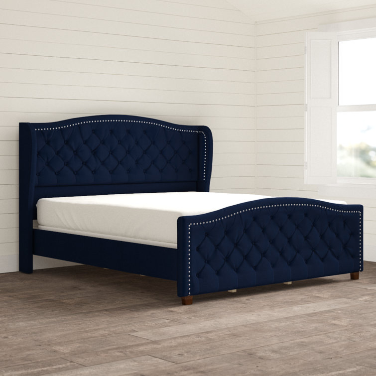 Navy Blue Velvet Tufted Wingback King Bed with Nailhead Trim