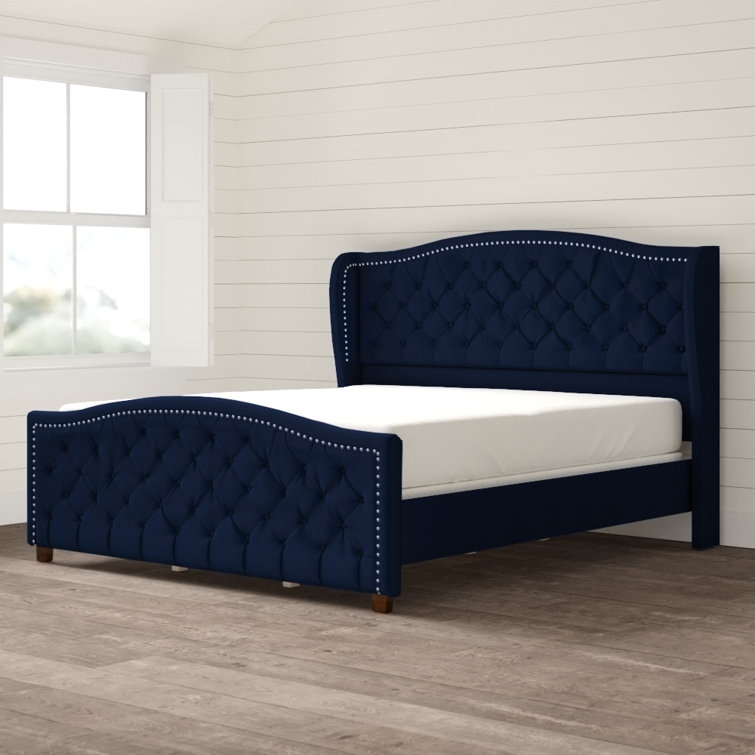 Navy Blue Velvet Tufted Wingback King Bed with Nailhead Trim