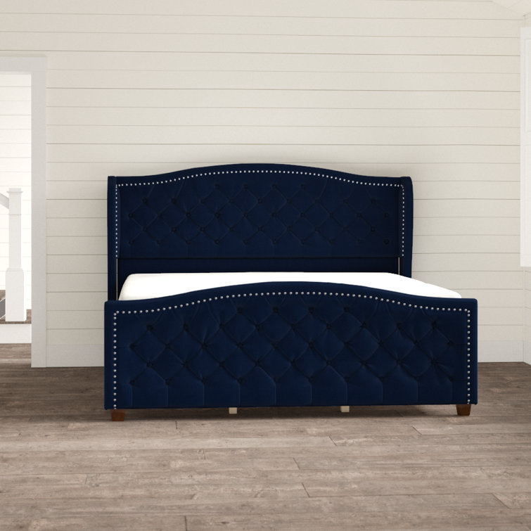 Navy Blue Velvet Tufted Wingback King Bed with Nailhead Trim
