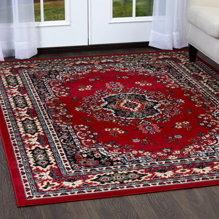 Red and Cream Synthetic Oriental Area Rug, 5'2" x 7'4"