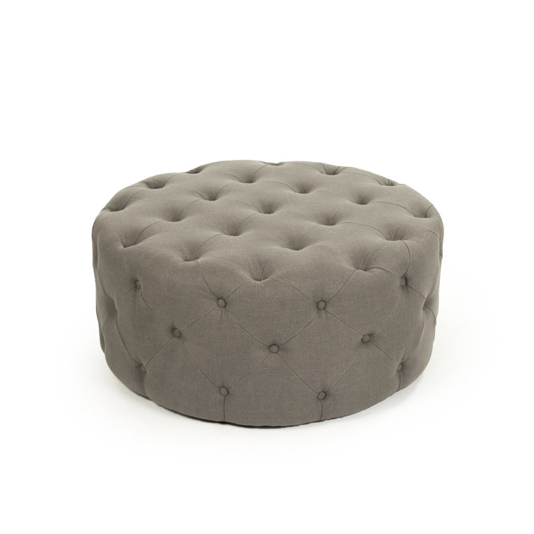 Luxurious Grey Linen 31" Round Tufted Oak Ottoman