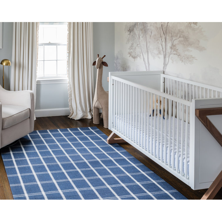 Navy and Ivory Wool Plaid Rectangular Area Rug 5' x 8'