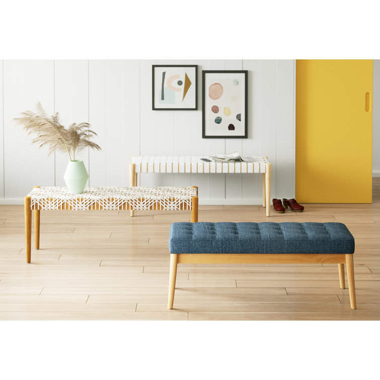 Transitional Natural Teak & Brown Leather Weave Bench, 47"