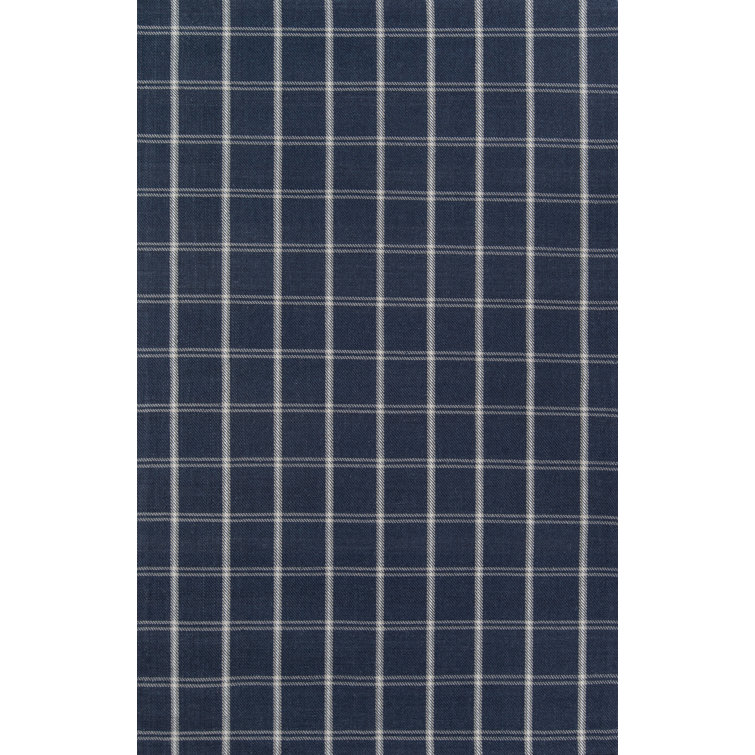 Navy and Ivory Wool Plaid Rectangular Area Rug 5' x 8'