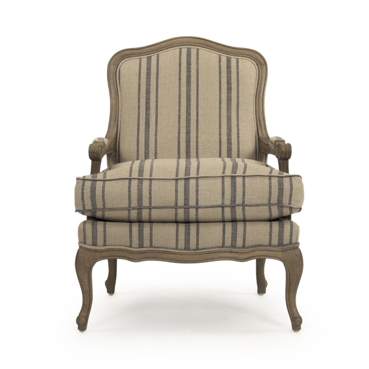 English Khaki Linen and Blue Stripe Handcrafted Armchair