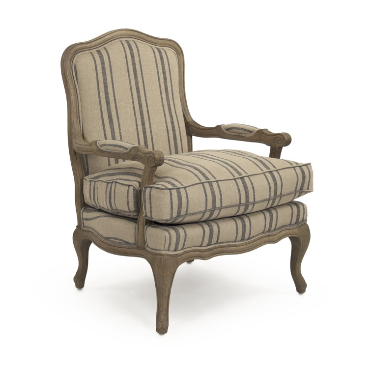 English Khaki Linen and Blue Stripe Handcrafted Armchair
